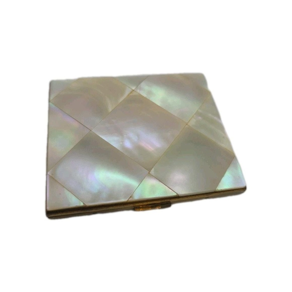 Vintage Elgin American Mother of Pearl Inlay Gold Tone Mirrored Powder Compact